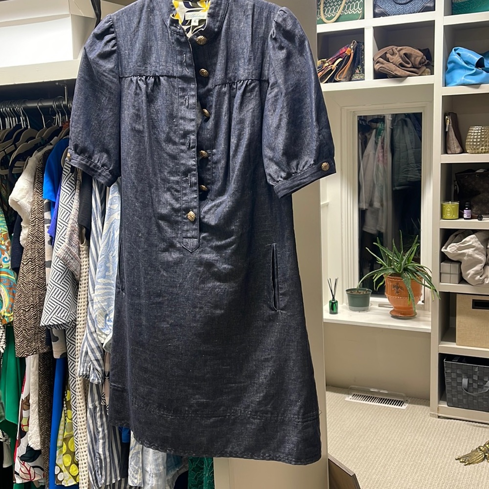Shoshanna denim (look) dress with fun gold buttons and preppy details